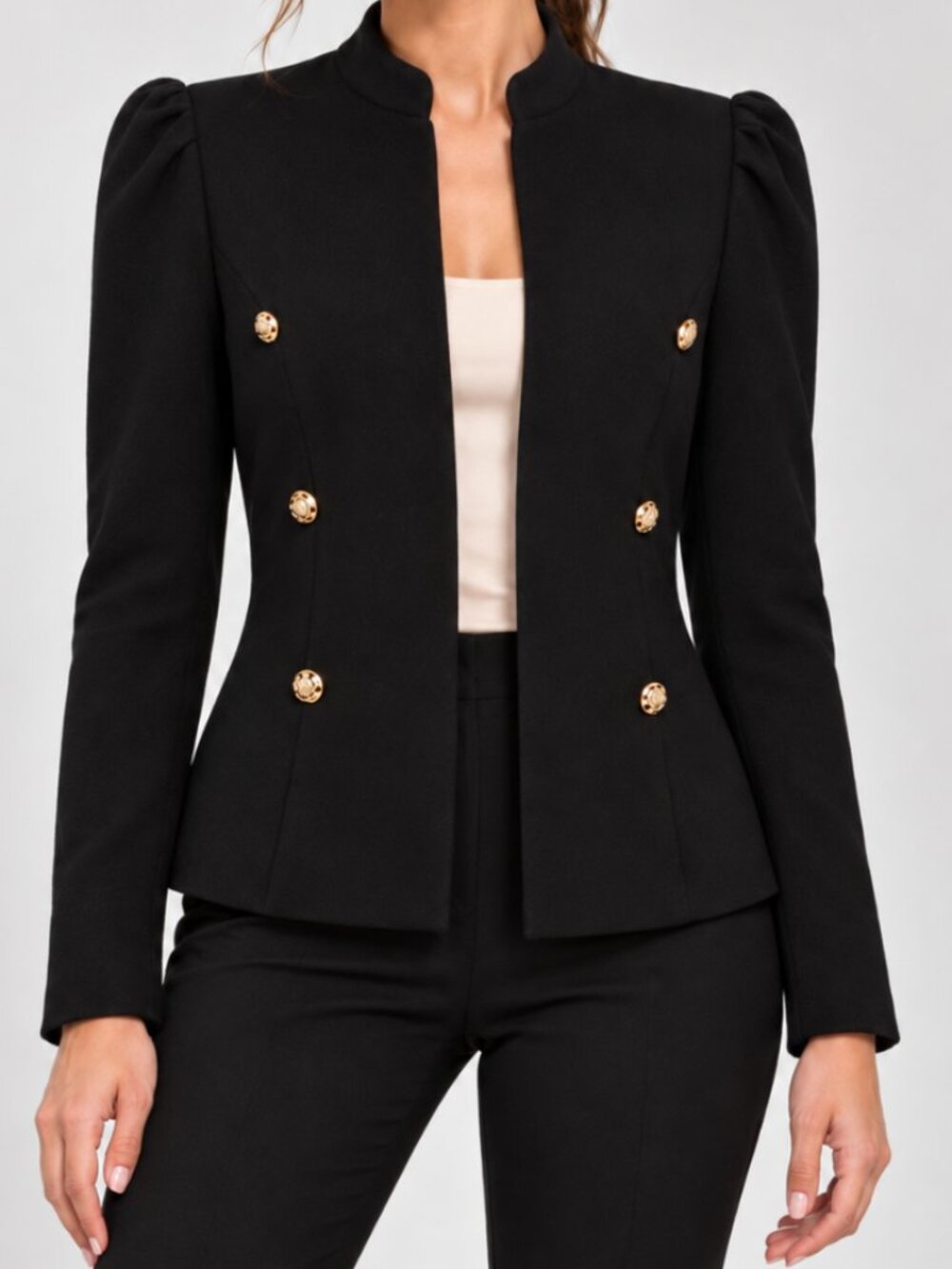 SHEIN Black Gold Button Puff Sleeve Open Front Blazer Jacket Size M